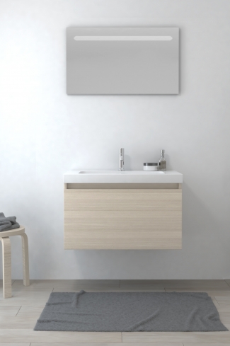 <p>
	Pack formado por mueble de baño realizado en tablero laminado con un cajón totalmente extraíble y cierre softclosing. Lavabo de resina y espejo con iluminación LED incluidos. Made in Europe.</p>
