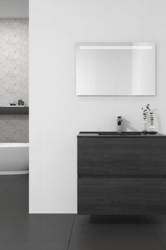 <p>
	Conjunto de mueble de baño realizado en material laminado de 19mm formado por dos cajones con sistema cierre suave . Lavabo en cristal templado de color negro y espejo con iluminación integrada incluidos.Grifo no incluido. Fabricado en España. </p>
