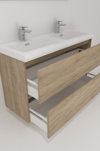 <p>
	Pack formado por mueble de baño realizado en tablero laminado con dos cajones totalmente extraíbles y cierre softclosing. Lavabo de resina y espejo con iluminación LED incluidos. Made in Europe.</p>

