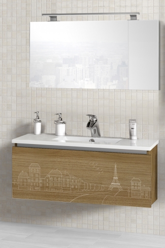 <p>
	Pack formado por mueble de 90 cm realizado en material laminado acabado madera con frontal decorado mediante técnica láser. Cajón totalmente extraible y cierre soft-closing. Incluye lavabo cerámico de color blanco, espejo liso  y un foco iluminación LED de 80cm. Fabricado en España.</p>

