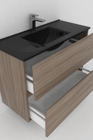 <p>
	Conjunto de mueble de baño realizado en material laminado de 19mm formado por dos cajones con sistema cierre suave . Lavabo en cristal templado de color negro y espejo con iluminación integrada incluidos.Grifo no incluido. Fabricado en España. </p>
