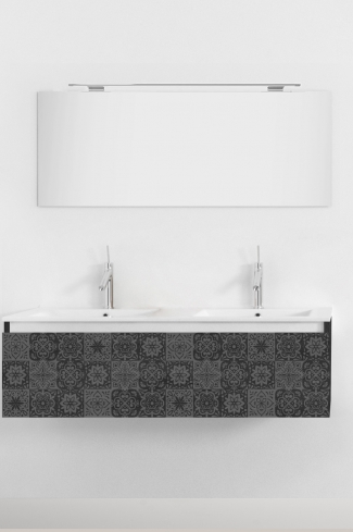 <p>
	Pack formado por mueble de 120 cm realizado en material estratificado alto brillo con frontal decorado mediante técnica láser. Cajón totalmente extraible y cierre soft-closing. Incluye lavabo cerámico de color blanco con dos senos, espejo y foco iluminación LED de 100cm. Fabricado en España.</p>
