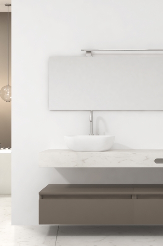 <p>
	Pack compuesto por mueble de baño fabricado en tablero de partículas laminado de 19mm acabado mate con dos cajones de gran capacidad, cierre suave y extracción total. Lavabo suspendido de mármol compacto con escuadras de acero inoxidable. Espejo liso y foco iluminación LED 6000K, 9,6W, 600lm. Fabricado en España. Grifo no incluido. </p>

