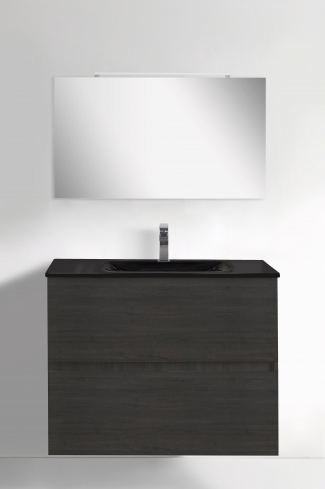 <p>
	Conjunto de mueble de baño realizado en material laminado color blanco de 19mm formado por dos cajones con sistema amortiguado suave . Lavabo en cristal templado decolor negro, espejo e iluminación LED IP44-4,8W con driver interno y de color cromado incluidos.Grifo no incluido. Fabricado en España. </p>
