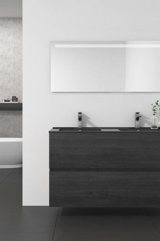 <p>
	Conjunto de mueble de baño realizado en material laminado de 19mm formado por dos cajones con sistema cierre suave . Lavabo en cristal templado de color negro y espejo con iluminación integrada incluidos.Grifo no incluido. Fabricado en España. </p>
