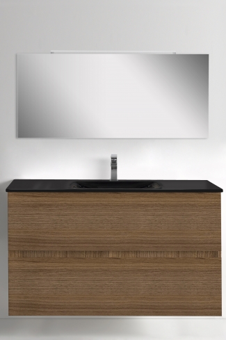 <p>
	Conjunto de mueble de baño realizado en material laminado color blanco de 19mm formado por dos cajones con sistema amortiguado suave . Lavabo en cristal templado de color negro y espejo con iluminación integrada incluidos.Grifo no incluido. Fabricado en España. </p>
