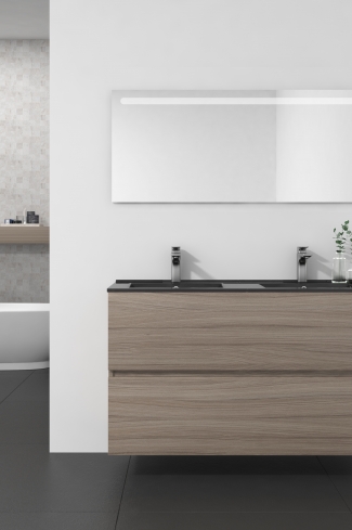 <p>
	Conjunto de mueble de baño realizado en material laminado de 19mm formado por dos cajones con sistema cierre suave . Lavabo en cristal templado de color negro y espejo con iluminación integrada incluidos.Grifo no incluido. Fabricado en España. </p>
