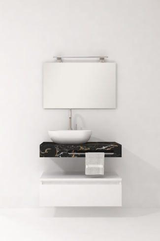 <p>
	Pack compuesto por mueble de baño fabricado en tablero de partículas laminado de 19mm acabado mate con un cajón de gran capacidad, cierre suave y extracción total. Lavabo suspendido de mármol compacto con escuadras de acero inoxidable. Espejo liso y foco iluminación LED 6000K, 9,6W, 600lm. Fabricado en España. Grifo no incluido. </p>

