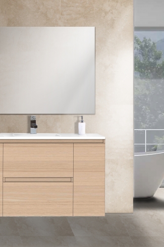 <p>
	Mueble de baño de 120 cm realizado en material laminado color madera de 19 mm  formado por dos cajones y dos puertas. Puertas y cajón con sistema de cierre amortiguado suave. Lavabos cerámicos de color blanco encimera y espejo sobre tablero 75x90 están incluidos. Grifo no incluido. Made in Spain.</p>
