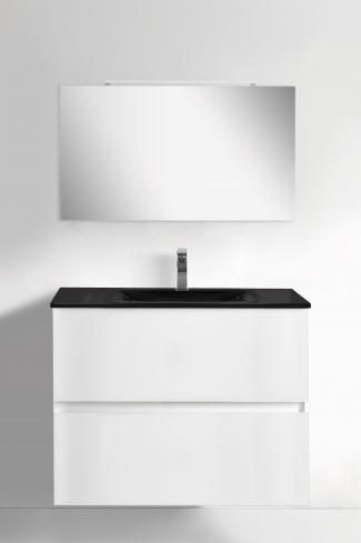 <p>
	Conjunto de mueble de baño realizado en material laminado color blanco de 19mm formado por dos cajones con sistema amortiguado suave . Lavabo en cristal templado de color negro, espejo e iluminación LED IP44-4,8W con driver interno y de color cromado.Grifo no incluido. Fabricado en España. </p>
