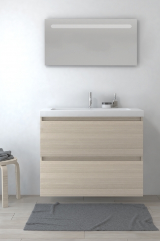 <p>
	Pack formado por mueble de baño realizado en tablero laminado con dos cajones totalmente extraíbles y cierre softclosing. Lavabo de resina y espejo con iluminación LED incluidos. Made in Europe.</p>
