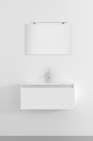 <p>
	Pack formado por mueble de 80 cm realizado en material estratificado alto brillo con frontal decorado mediante técnica láser. Cajón totalmente extraible y cierre soft-closing. Incluye lavabo cerámico de color blanco, espejo y foco iluminación LED de 60cm. Fabricado en España.</p>
