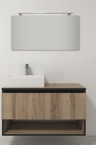 <p>
	Pack compuesto por mueble de baño realizado en material laminado, formado por dos puertas y un espacio decorativo inferior, cantos en negro. Bisagras con cierre softclosing testadas a 80.000 ciclos regulables en los tres ejes. Colgadores a pared capaces de soportar hasta 30 Kg por colgador. Cantos realizados en PVC de 1mm. Incluye lavabo sobreencimera, espejo y foco iluminación LED. Fabricado en España</p>
