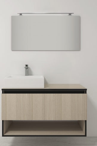 <p>
	Pack compuesto por mueble de baño realizado en material laminado, formado por dos puertas y un espacio decorativo inferior, cantos en negro. Bisagras con cierre softclosing testadas a 80.000 ciclos regulables en los tres ejes. Colgadores a pared capaces de soportar hasta 30 Kg por colgador. Cantos realizados en PVC de 1mm. Incluye lavabo sobreencimera, espejo y foco iluminación LED. Fabricado en España</p>
