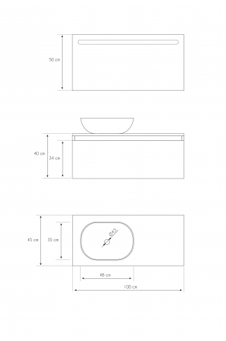 <p>
	Pack formado por mueble realizado en material laminado,  Cajón totalmente extraible y cierre soft-closing. Incluye lavabo cerámico sobreencimera y espejo con iluminación LED. Fabricado en España.</p>
