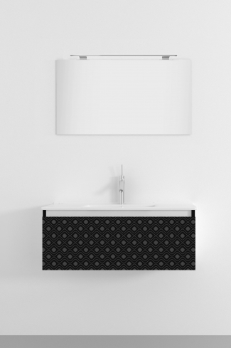 <p>
	Pack formado por mueble de 100 cm realizado en material estratificado alto brillo con frontal decorado mediante técnica láser. Cajón totalmente extraible y cierre soft-closing. Incluye lavabo cerámico de color blanco, espejo y foco iluminación LED de 80cm. Fabricado en España.</p>
