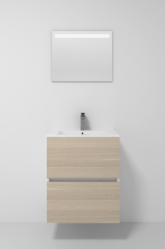 <p>
	Pack formado por mueble de baño realizado en tablero laminado 19mm acabado madera, con dos cajones totalmente extraíble con cierre softclosing. Lavabo cerámico y espejo con iluminación LED incluidos. Made in Europe.</p>
