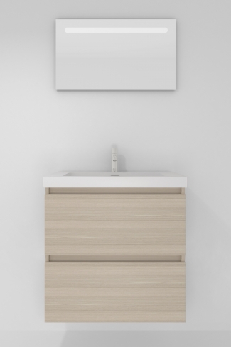 <p>
	Pack formado por mueble de baño realizado en tablero laminado con dos cajones totalmente extraíbles y cierre softclosing. Lavabo de resina y espejo con iluminación LED incluidos. Made in Europe.</p>
