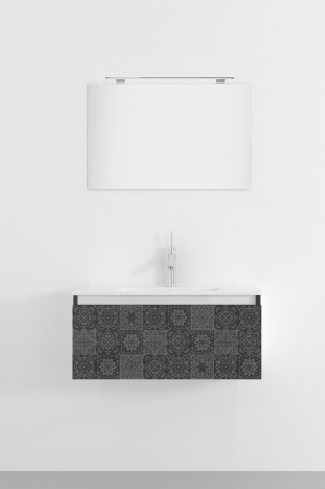 <p>
	Pack formado por mueble de 80 cm realizado en material laminado acabado madera con frontal decorado mediante técnica láser. Cajón totalmente extraible y cierre soft-closing. Incluye lavabo cerámico de color blanco, espejo y foco iluminación LED de 60cm. Fabricado en España.</p>
