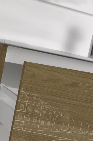 <p>
	Pack formado por mueble de 90 cm realizado en material laminado acabado madera con frontal decorado mediante técnica láser. Cajón totalmente extraible y cierre soft-closing. Incluye lavabo cerámico de color blanco, espejo liso  y un foco iluminación LED de 80cm. Fabricado en España.</p>
