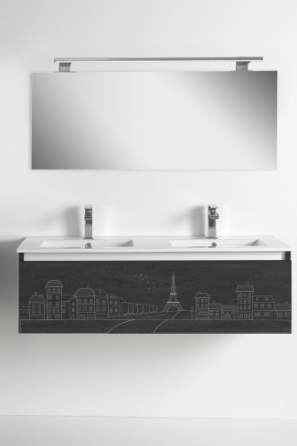 <p>
	Pack formado por mueble de 120 cm realizado en material laminado acabado madera con frontal decorado mediante técnica láser. Cajón totalmente extraible y cierre soft-closing. Incluye lavabo cerámico de color blanco, espejo liso  y un foco iluminación LED de 100cm. Fabricado en España.</p>
