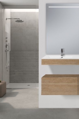 <p>
	Conjunto de mueble de baño realizado en material laminado color madera con microrelieve que le aporta mayor naturalidad de 19mm con tratamiento antibacteriano con cajón con sistema amortiguado suave . Lavabo cerámico de color blanco y espejo con iluminación integrada incluidos.Grifo no incluido. Fabricado en España. </p>
