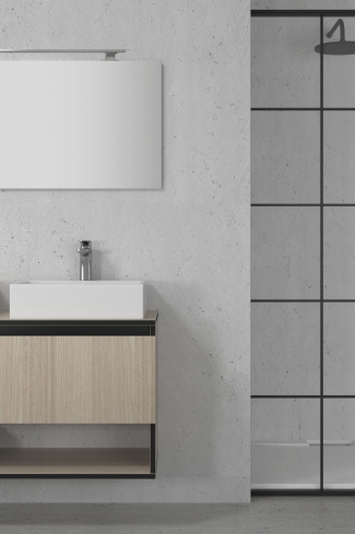 <p>
	Pack compuesto por mueble de baño realizado en material laminado, formado por dos puertas y un espacio decorativo inferior, cantos en negro. Bisagras con cierre softclosing testadas a 80.000 ciclos regulables en los tres ejes. Colgadores a pared capaces de soportar hasta 30 Kg por colgador. Cantos realizados en PVC de 1mm. Incluye dos lavabos sobreencimera y foco iluminación LED. Fabricado en España</p>
