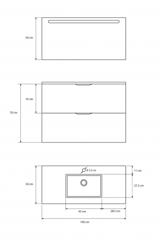 <p>
	Pack formado por mueble de baño realizado en material DM, lacado alto brillo con relieve. Está formado por dos cajones con tirador negro totalmente extraible con cierre softclosing. Incluye lavabo cerámico encimera y espejo con iluminación LED. Made in Spain. </p>
