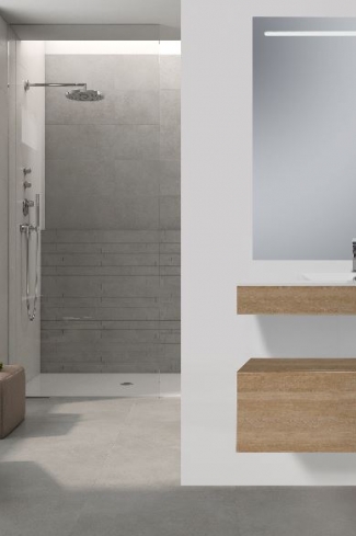 <p>
	Conjunto de mueble de baño realizado en material laminado color madera con microrelieve que le aporta mayor naturalidad de 19mm con tratamiento antibacteriano con cajón con sistema amortiguado suave . Lavabo cerámico de color blanco y espejo con iluminación integrada incluidos.Grifo no incluido. Fabricado en España. </p>
