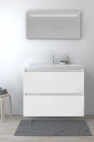 <p>
	Pack formado por mueble de baño realizado en tablero laminado con dos cajones totalmente extraíbles y cierre softclosing. Lavabo de resina y espejo con iluminación LED incluidos. Made in Europe.</p>
