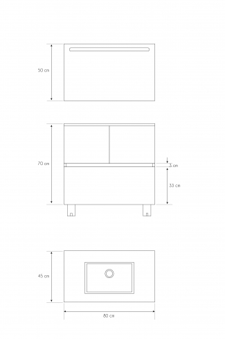 <p>
	Pack compuesto por mueble de baño realizado en material laminado, formado por dos puertas y un cajón inferior. Bisagras con cierre softclosing testadas a 80.000 ciclos regulables en los tres ejes. Colgadores a pared capaces de soportar hasta 30 Kg por colgador. Patas aluminio acabado cromo brillo. Cantos realizados en PVC de 1mm. Incluye lavabo cerámica y espejo con iluminación LED. Fabricado en España</p>
