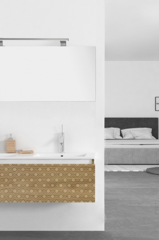 <p>
	Pack formado por mueble de 120 cm realizado en material laminado con frontal decorado mediante técnica láser. Cajón totalmente extraible y cierre soft-closing. Incluye lavabo cerámico de color blanco con dos senos, espejo y foco iluminación LED de 100cm. Fabricado en España.</p>
