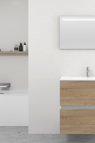 <p>
	Pack formado por mueble de baño realizado en tablero laminado 19mm acabado madera, con dos cajones totalmente extraíble con cierre softclosing. Lavabo cerámico y espejo con iluminación LED incluidos. Made in Europe.</p>
