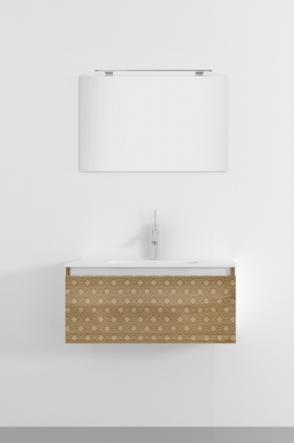 <p>
	Pack formado por mueble de 80 cm realizado en material laminado acabado madera con frontal decorado mediante técnica láser. Cajón totalmente extraible y cierre soft-closing. Incluye lavabo cerámico de color blanco, espejo y foco iluminación LED de 60cm. Fabricado en España.</p>
