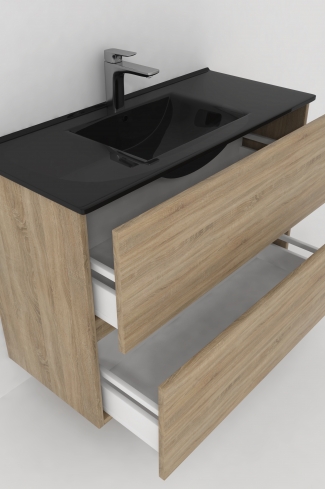 <p>
	Conjunto de mueble de baño realizado en material laminado de 19mm formado por dos cajones con sistema cierre suave . Lavabo en cristal templado de color negro y espejo con iluminación integrada incluidos.Grifo no incluido. Fabricado en España. </p>
