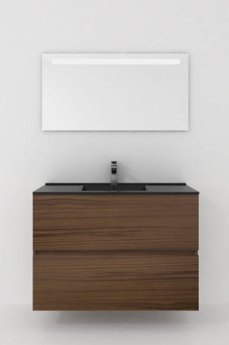<p>
	Conjunto de mueble de baño realizado en material laminado de 19mm formado por dos cajones con sistema cierre suave . Lavabo en cristal templado de color negro y espejo con iluminación integrada incluidos.Grifo no incluido. Fabricado en España. </p>

