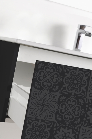 <p>
	Pack formado por mueble de 100 cm realizado en material estratificado alto brillo con frontal decorado mediante técnica láser. Cajón totalmente extraible y cierre soft-closing. Incluye lavabo cerámico de color blanco, espejo y foco iluminación LED de 80cm. Fabricado en España.</p>
