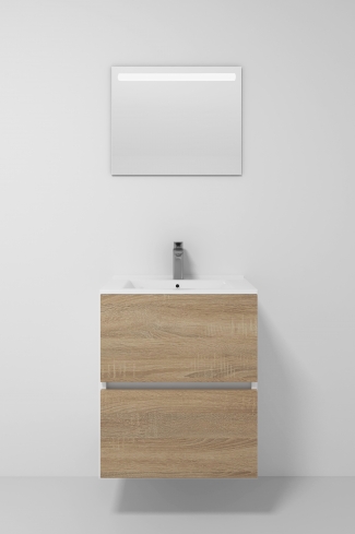 <p>
	Pack formado por mueble de baño realizado en tablero laminado 19mm acabado madera, con dos cajones totalmente extraíble con cierre softclosing. Lavabo cerámico y espejo con iluminación LED incluidos. Made in Europe.</p>
