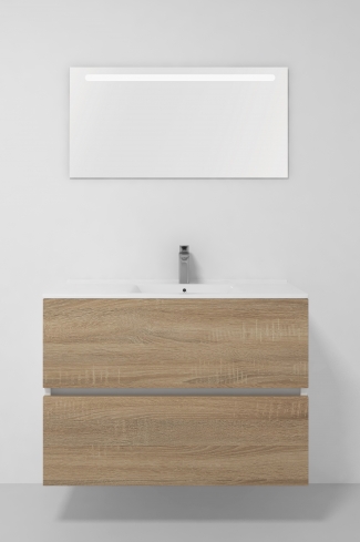 <p>
	Pack formado por mueble de baño realizado en tablero laminado 19mm acabado madera, con dos cajones totalmente extraíble con cierre softclosing. Lavabo cerámico y espejo con iluminación LED incluidos. Made in Europe.</p>
