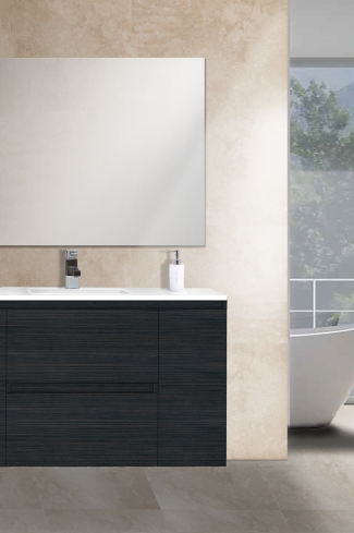 <p>
	Mueble de baño de 120 cm realizado en material laminado color madera de 19 mm  formado por dos cajones y dos puertas. Puertas y cajón con sistema de cierre amortiguado suave. Lavabos cerámicos de color blanco encimera y espejo sobre tablero 75x90 están incluidos. Grifo no incluido. Made in Spain.</p>
