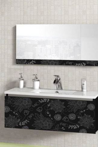 <p>
	Conjunto de mueble de baño realizado en material estratificado alto brillo de 19 mm con cajón con sistema amortiguado suave y decoración realizado mediante técnica láser. Lavabo cerámico de color blanco y espejo sobre tablero con decoración láser 44x90 incluidos.Grifo no incluido. Fabricado en España. </p>
