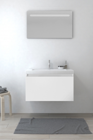 <p>
	Pack formado por mueble de baño realizado en tablero laminado con un cajón totalmente extraíble y cierre softclosing. Lavabo de resina y espejo con iluminación LED incluidos. Made in Europe.</p>
