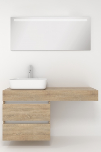 <p>
	Pack formado por mueble de baño de 120 cm realizado en material laminado madera. Está formado por dos módulos, uno fijo y otro con dos cajones de gran capacidad, totalmente extraibles y de cierre soft-closing. Incluye lavabo cerámico sobre encimera y espejo con iluminación LED de 120x50 cm. No incluye grifería. Made in Spain</p>
