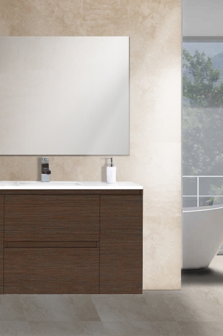 <p>
	Mueble de baño de 120 cm realizado en material laminado color madera de 19 mm  formado por dos cajones y dos puertas. Puertas y cajón con sistema de cierre amortiguado suave. Lavabos cerámicos de color blanco encimera y espejo sobre tablero 75x90 están incluidos. Grifo no incluido. Made in Spain.</p>
