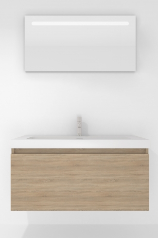 <p>
	Pack formado por mueble de baño realizado en tablero laminado con un cajón totalmente extraíble y cierre softclosing. Lavabo de resina y espejo con iluminación LED incluidos. Made in Europe.</p>
