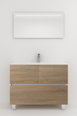 <p>
	Pack compuesto por mueble de baño realizado en material laminado, formado por dos puertas y un cajón inferior. Bisagras con cierre softclosing testadas a 80.000 ciclos regulables en los tres ejes. Colgadores a pared capaces de soportar hasta 30 Kg por colgador. Patas aluminio acabado cromo brillo. Cantos realizados en PVC de 1mm. Incluye lavabo cerámica y espejo con iluminación LED. Fabricado en España</p>
