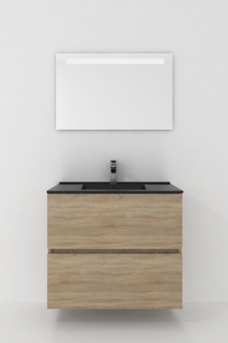 <p>
	Conjunto de mueble de baño realizado en material laminado de 19mm formado por dos cajones con sistema cierre suave . Lavabo en cristal templado de color negro y espejo con iluminación integrada incluidos.Grifo no incluido. Fabricado en España. </p>

