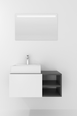 <p>
	Pack compuesto por mueble de baño realizado en material laminado, formado por una puerta blanco mate y un espacio decorativo. Bisagras con cierre softclosing testadas a 80.000 ciclos regulables en los tres ejes. Colgadores a pared capaces de soportar hasta 30 Kg por colgador. Cantos realizados en PVC de 1mm. Incluye lavabo sobreencimera y espejo con iluminación LED. Fabricado en España</p>

