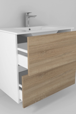 <p>
	Pack formado por mueble de baño realizado en tablero laminado 19mm acabado madera, con dos cajones totalmente extraíble con cierre softclosing. Lavabo cerámico y espejo con iluminación LED incluidos. Made in Europe.</p>
