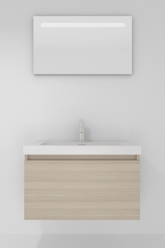 <p>
	Pack formado por mueble de baño realizado en tablero laminado con un cajón totalmente extraíble y cierre softclosing. Lavabo de resina y espejo con iluminación LED incluidos. Made in Europe.</p>
